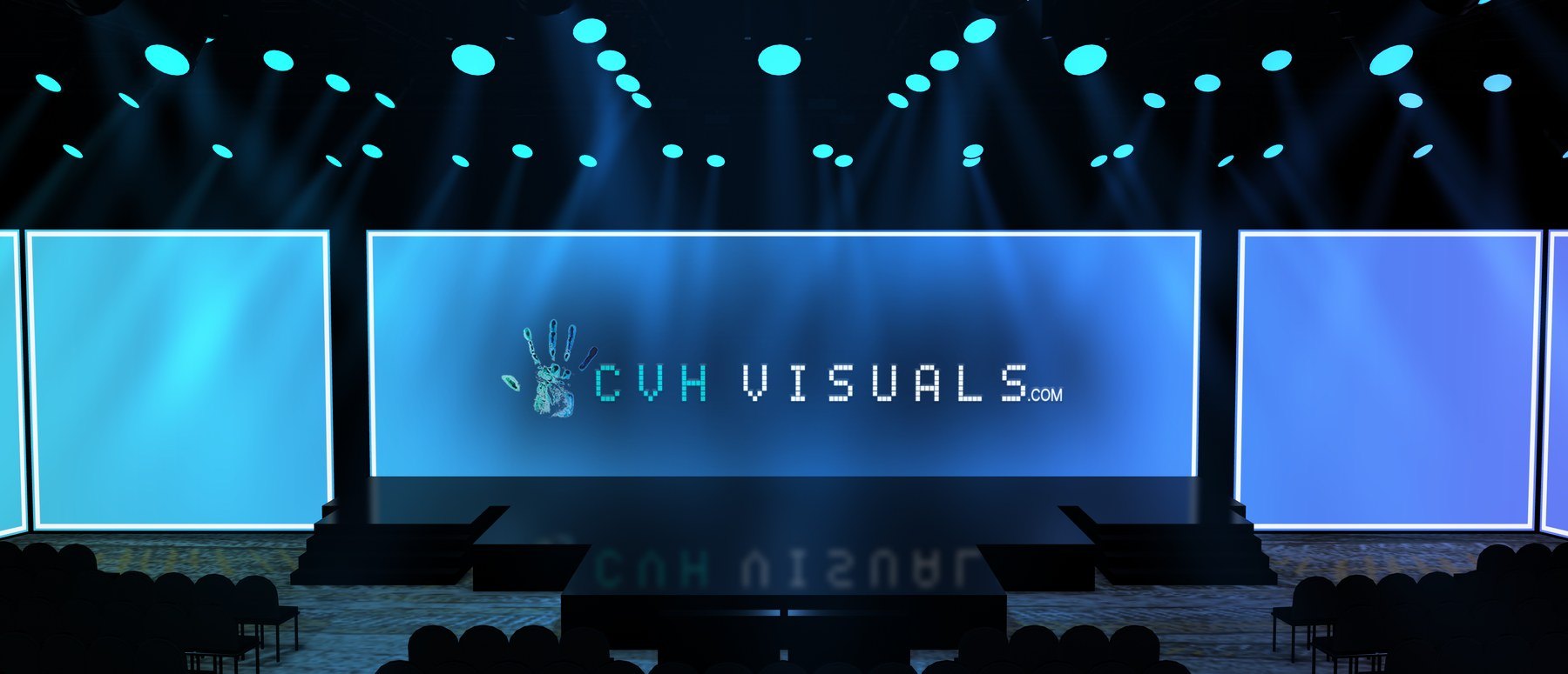 Millumin PreViz render: the CVH Visuals logo on the center LED wall, the brand gradient across every screen and the moving heads matching it