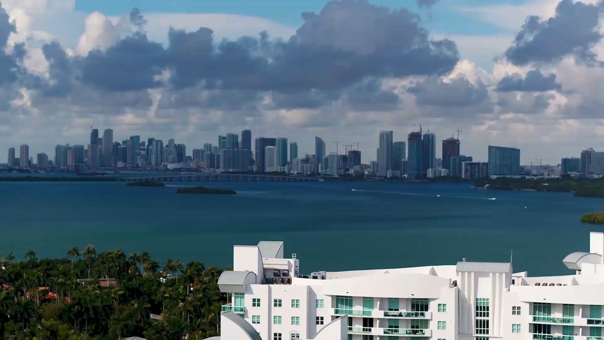 Aerial view of the downtown Miami skyline across Biscayne Bay